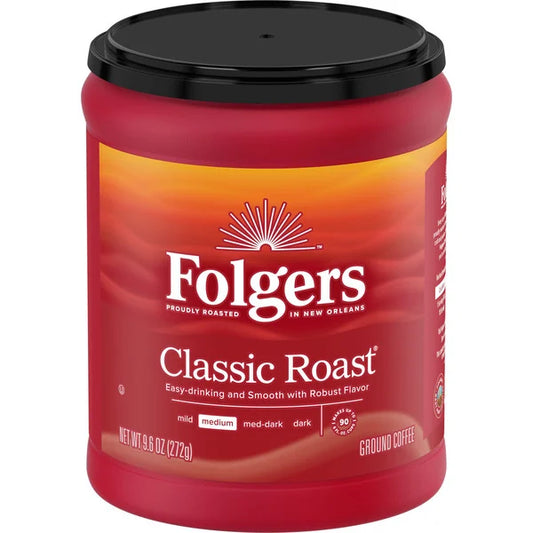 Café molido Folgers Classic Roast, tueste medio, 9.6 oz