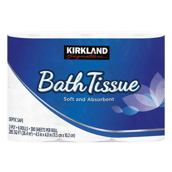 Papel higiénico Kirkland Signature, 2 capas, 380 hojas, 6 rollos