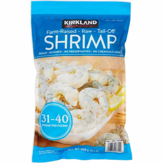 Camarones crudos de granja Kirkland Signature, pelados y desvenados, 31-40 unidades, 2 libras