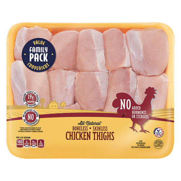 Muslos de pollo frescos, deshuesados y sin piel, paquete familiar