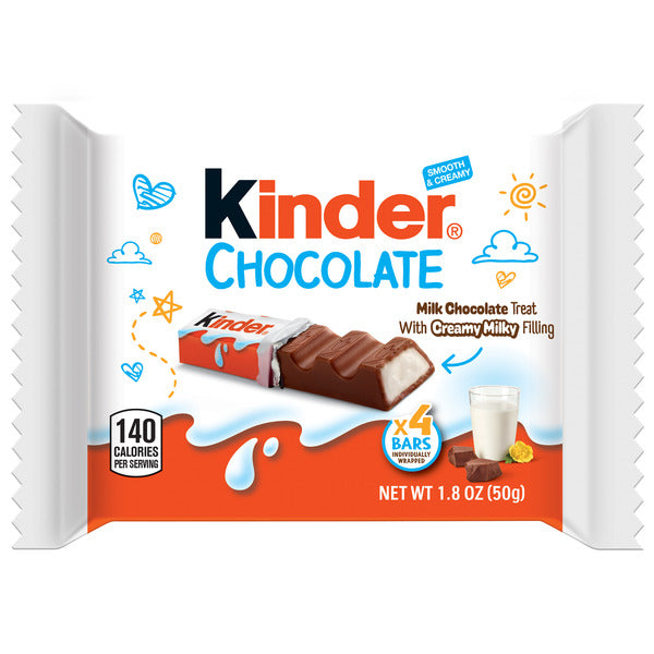Kinder Chocolate 4 Bars, Milk Chocolate Bar with Creamy Milky Filling, Individually Wrapped Candy, 1.8 oz Total