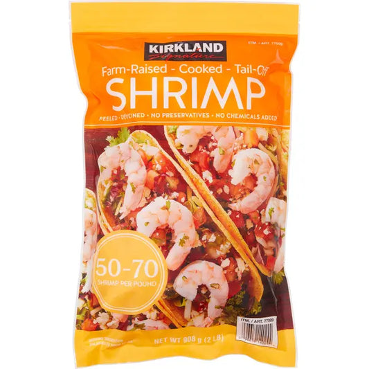 Camarones cocidos de granja Kirkland Signature, sin cola, 50-70 unidades por libra, 2 libras