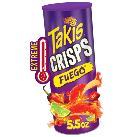 Takis Fuego Crisps, lata de 156 g (5.5 oz) tamaño para compartir, papas fritas extremadamente picantes con sabor a chile y lima.