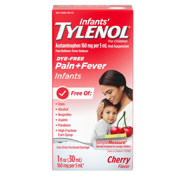 Tylenol infantil, acetaminofén, sabor cereza sin colorantes, 59 ml (2 onzas líquidas).