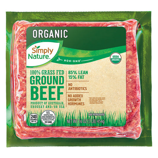 Carne molida de res orgánica alimentada con pasto Simply Nature 85/15, 450 g