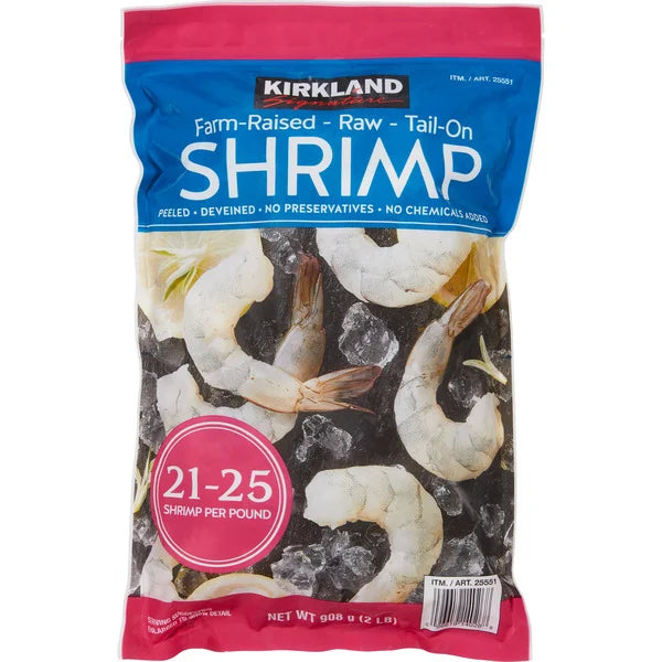 Camarones crudos de granja Kirkland Signature, con cola, 21-25 unidades por libra, 2 lb