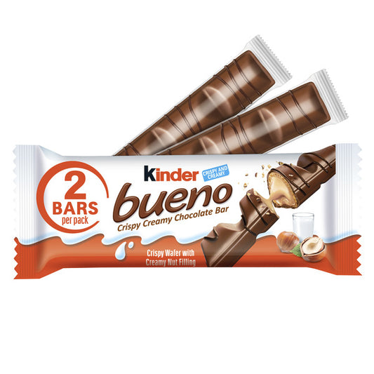 Kinder Bueno Chocolate con leche y crema de avellanas, 2 barras de chocolate envueltas individualmente, 1.5 oz