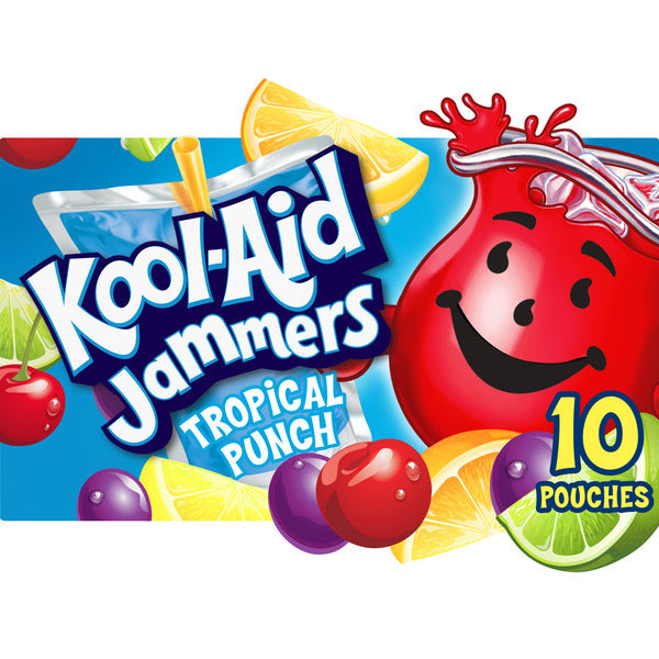 Kool-Aid Jammers, bolsitas de bebida de jugo para niños con sabor a ponche tropical, 0% de jugo, 10 unidades