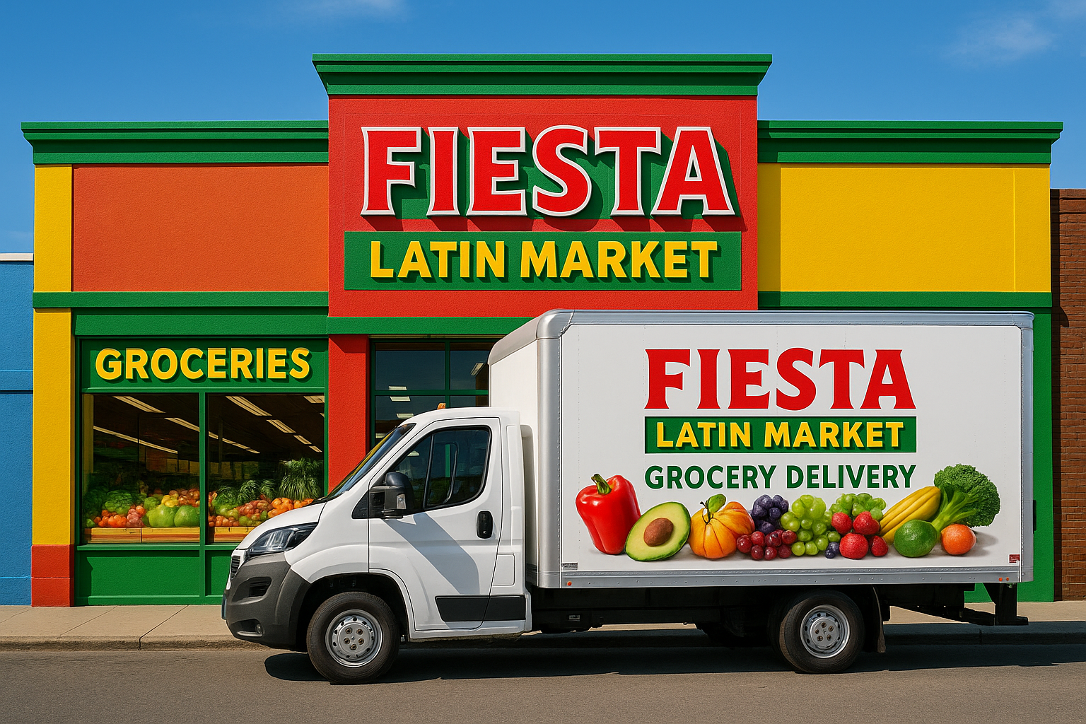 mexican supermarket, Fiesta Latin Market, storefront, grocery delivery service, delivery box truck